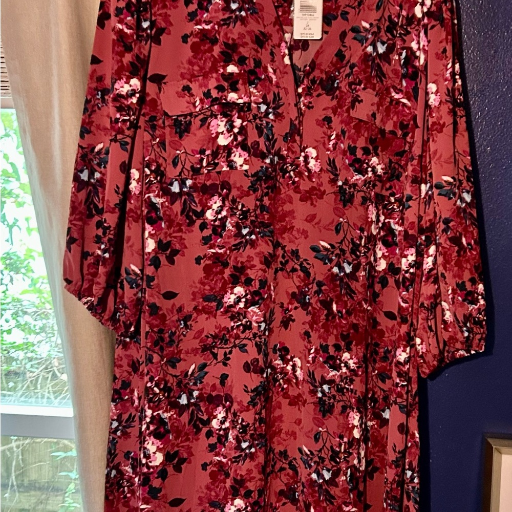 Elegant Floral Midi Dress - Burgundy and Black